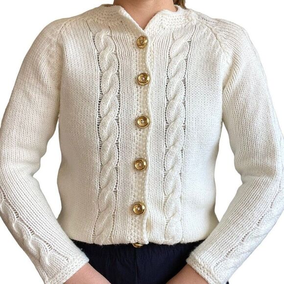 Vintage 80s Womens Hand Knit White Acrylic Chunky Cable Preppy Cardigan Sz M - Picture 1 of 5